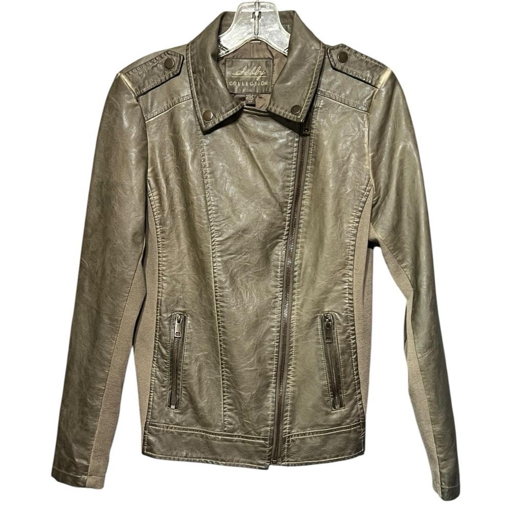 Sebby Collection Faux Leather Knit Biker Jacket Zipper Front Button Detail Small